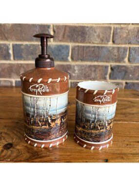Vintage Terry Redlin “The Birch Line” Ceramic Bathroom Soap Pump And Tumbler